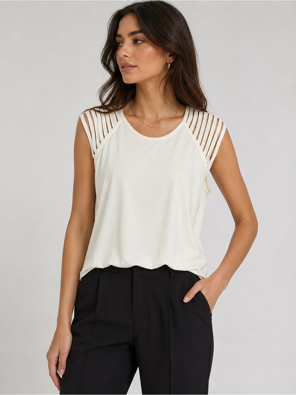 ALEXANDER WANG Ivory Laser Cutout Cage Shoulder Blouse Cap Sleeve